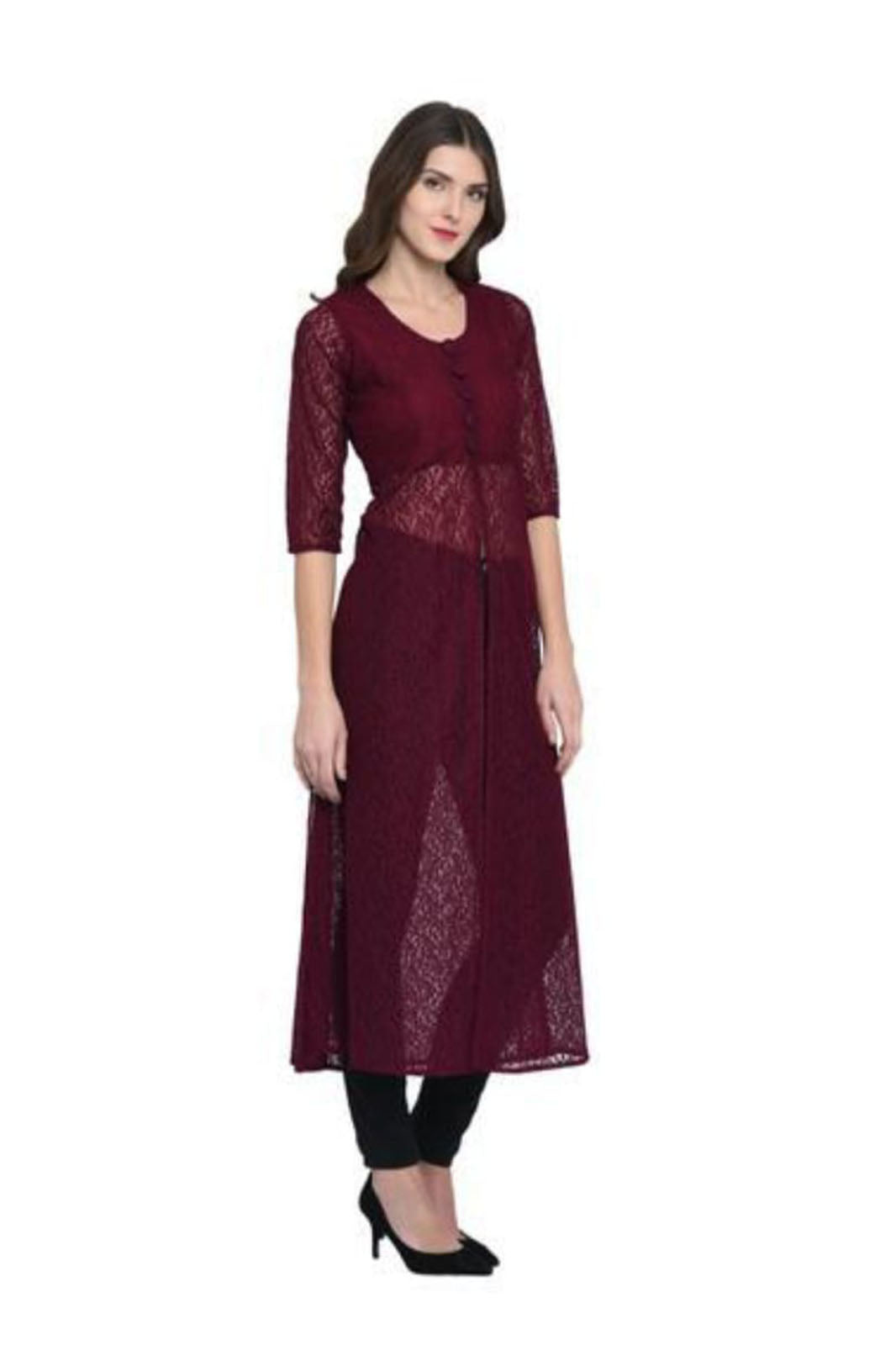 Dark Maroon Net Calf-length kurti