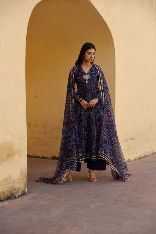 Navy Blue Bandhani Printed Kurta with Dupatta