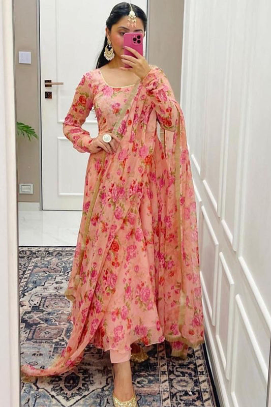 peach flower printed kurta with dupatta & pant