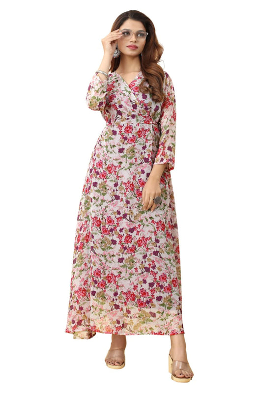 Light Pink Georgette Floral printed flared gown