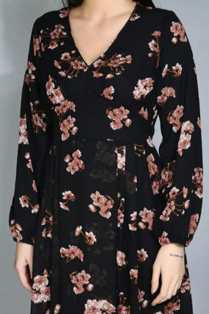 Red-Black Floral Print Georgette A-line Kurta