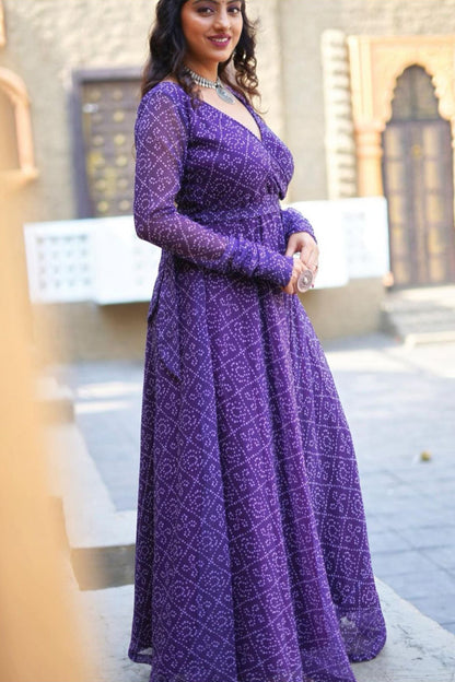 purple Bandhani Printed Flared gown