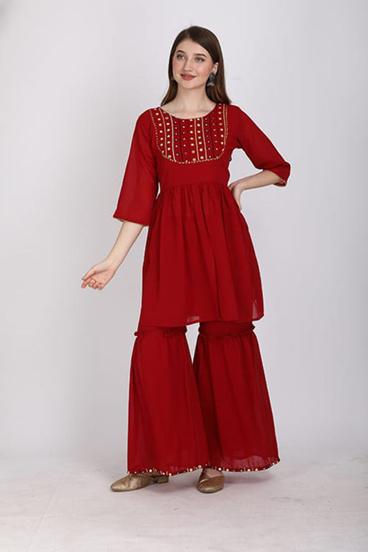 Red embroidery Kurta with sharara set