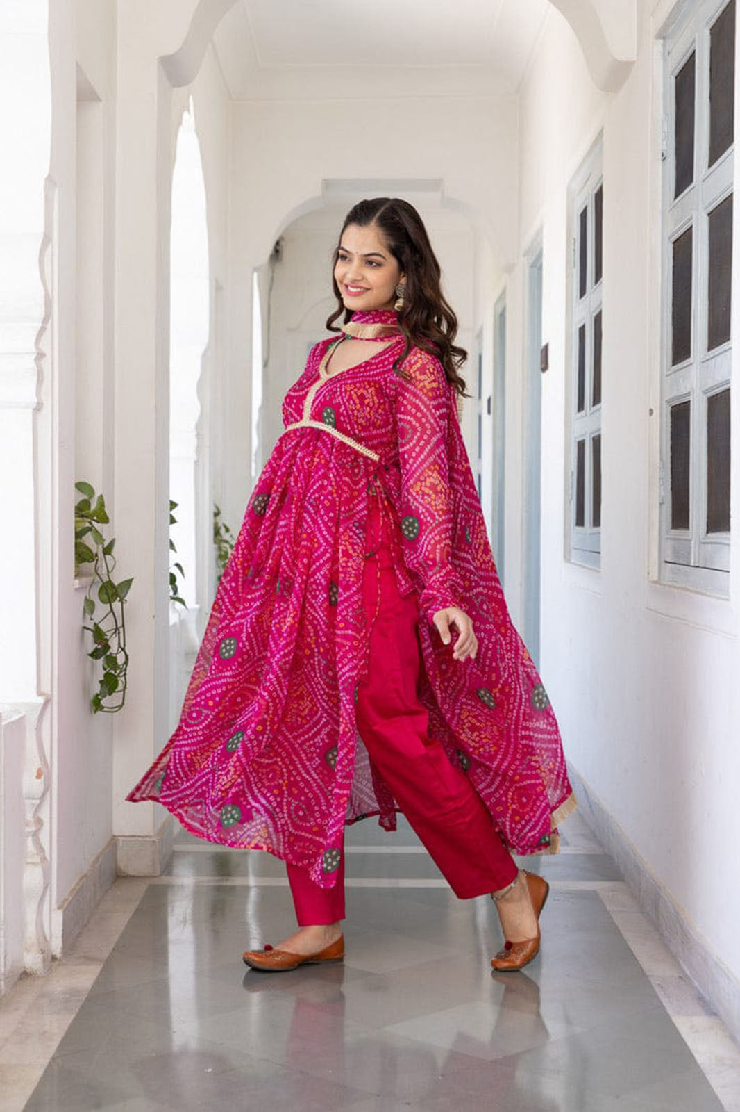 Red Bandhani kurti with pant and Dupatta