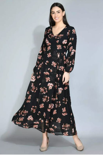 Red-Black Floral Print Georgette A-line Kurta