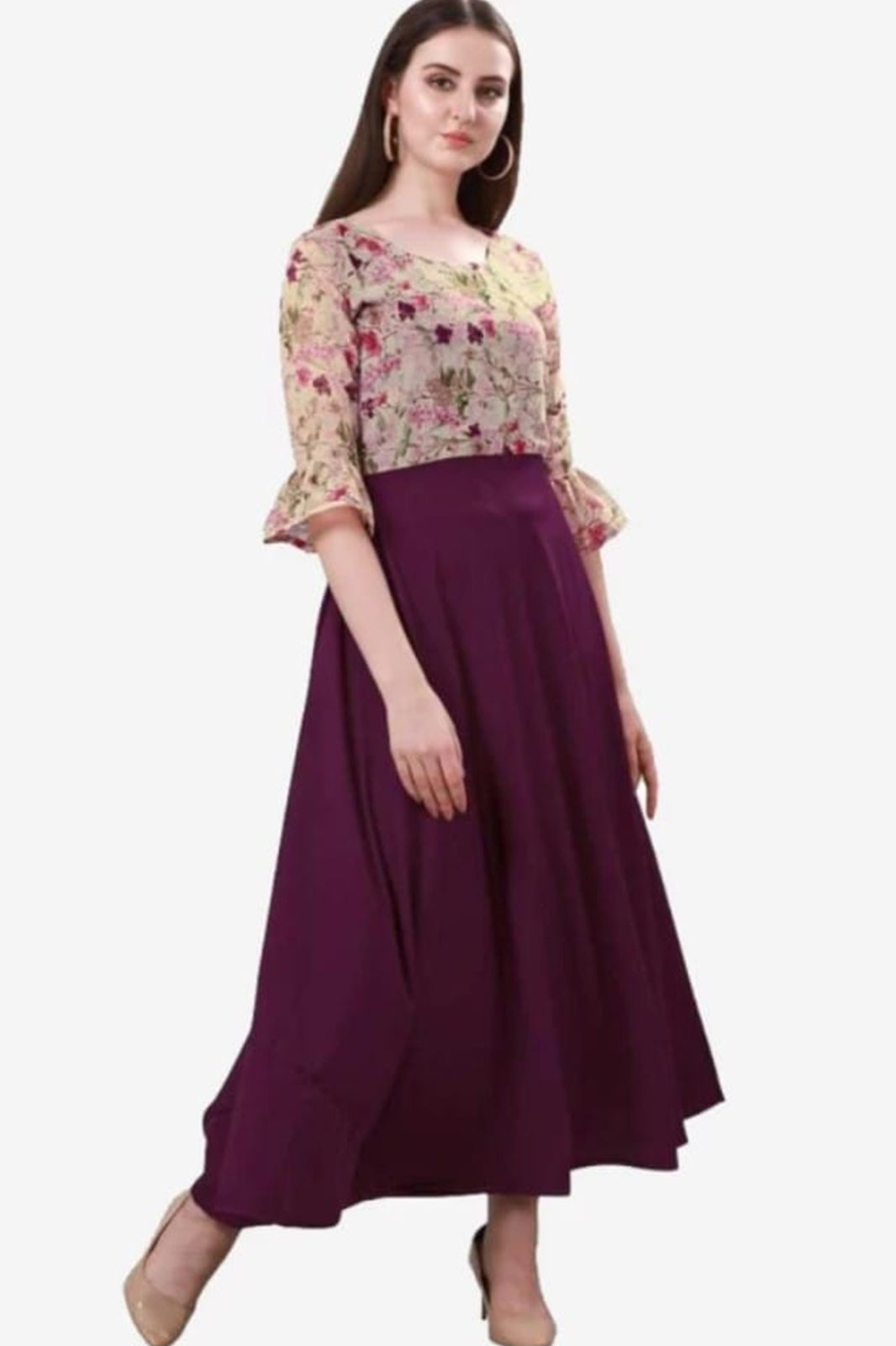 Wine Georgette Floral printed long dress