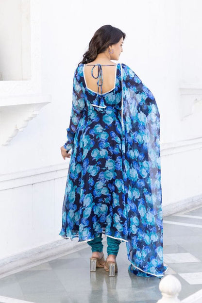 Aqua blue flower Floral printed kurta with dupatta