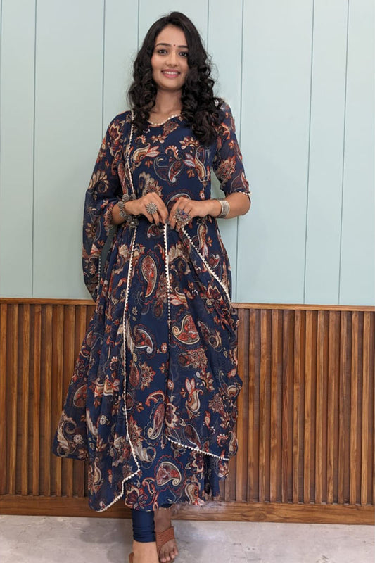 Navy Blue Printed Georgette A-Line Kurta With Dupatta