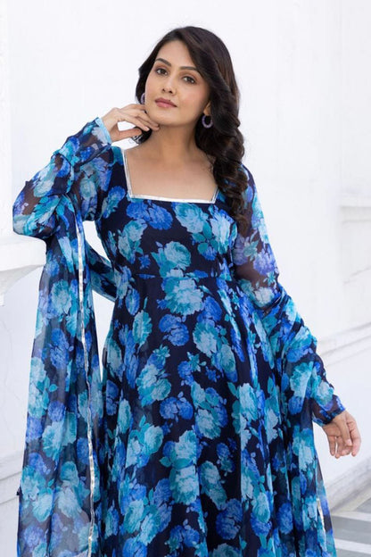 Aqua blue flower Floral printed kurta with dupatta