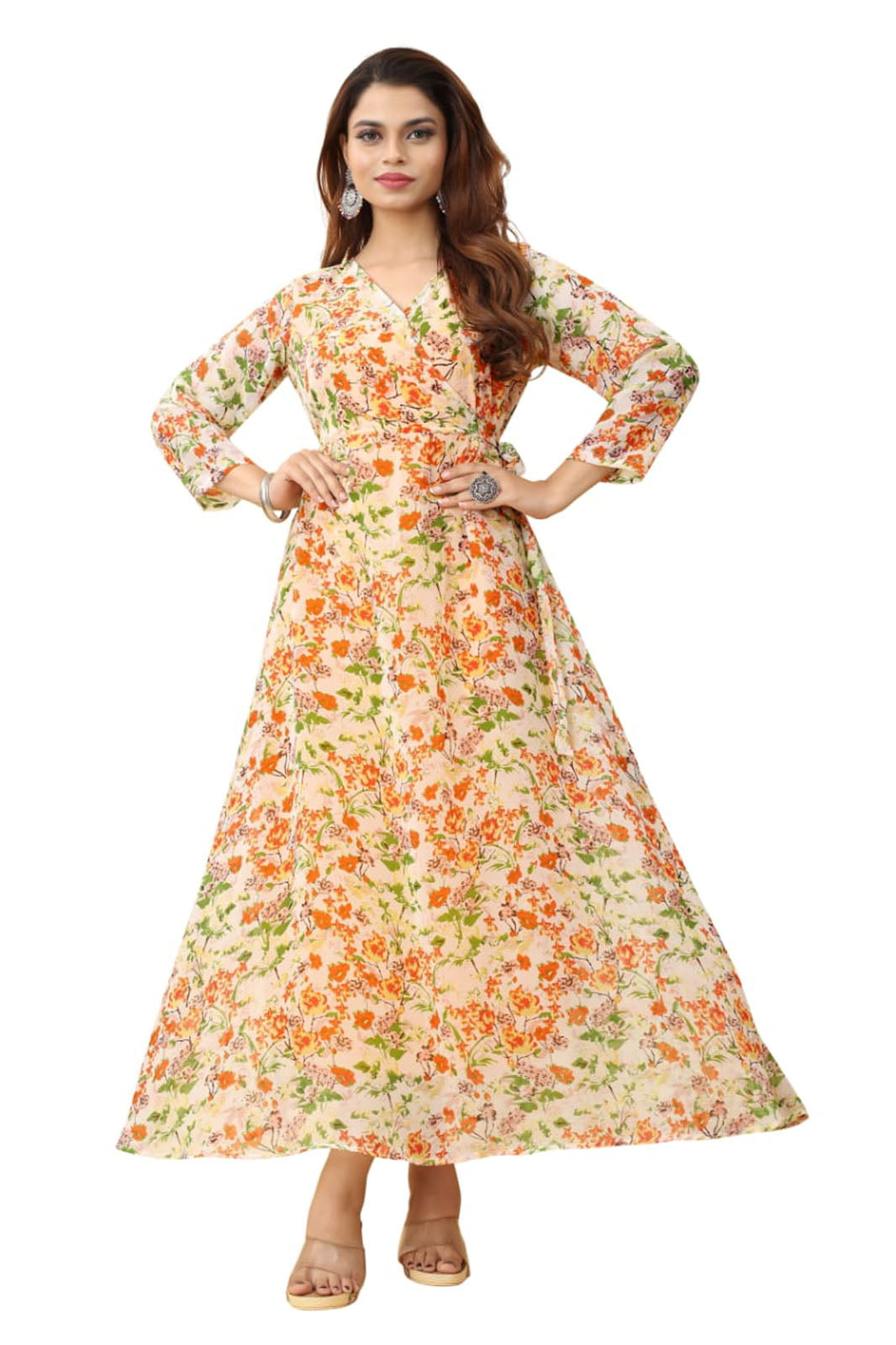 Light Orange Georgette Floral printed flared gown