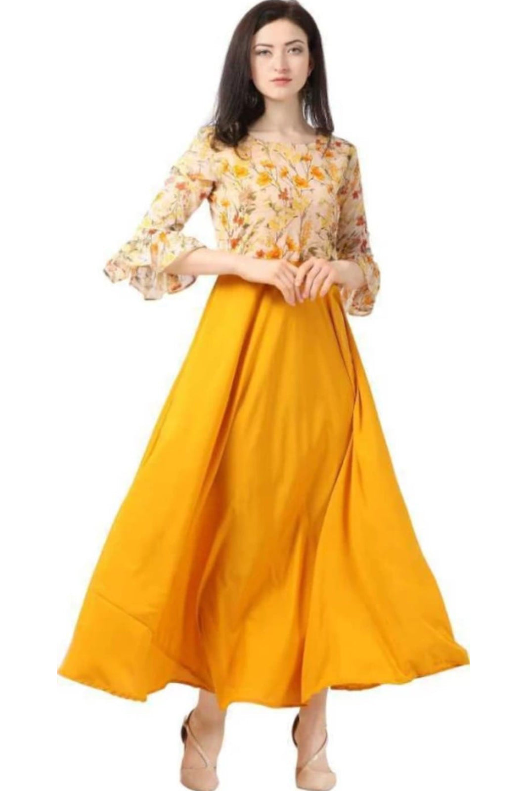 Yellow Georgette Floral printed long dress