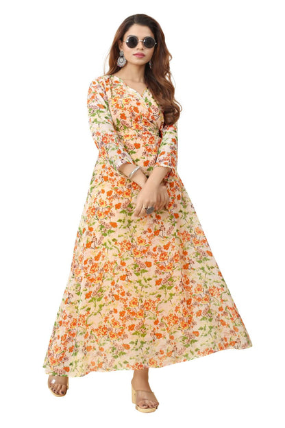 Light Orange Georgette Floral printed flared gown