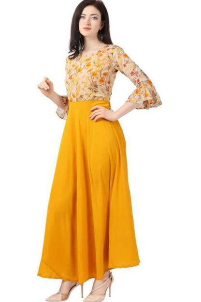 Yellow Georgette Floral printed long dress