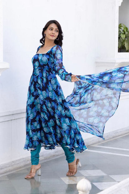 Aqua blue flower Floral printed kurta with dupatta