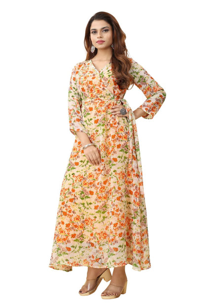 Light Orange Georgette Floral printed flared gown