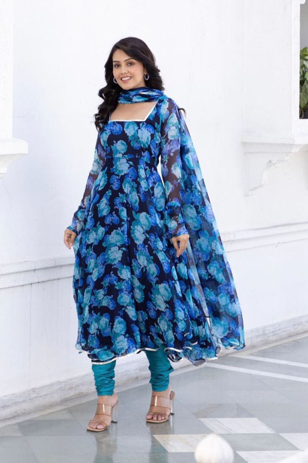 Aqua blue flower Floral printed kurta with dupatta