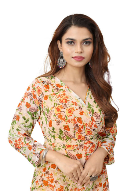 Light Orange Georgette Floral printed flared gown