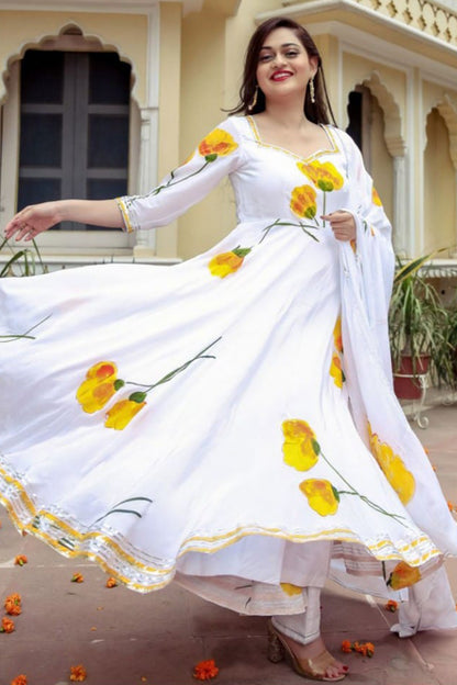 White Floral Printed Anarkali Gown