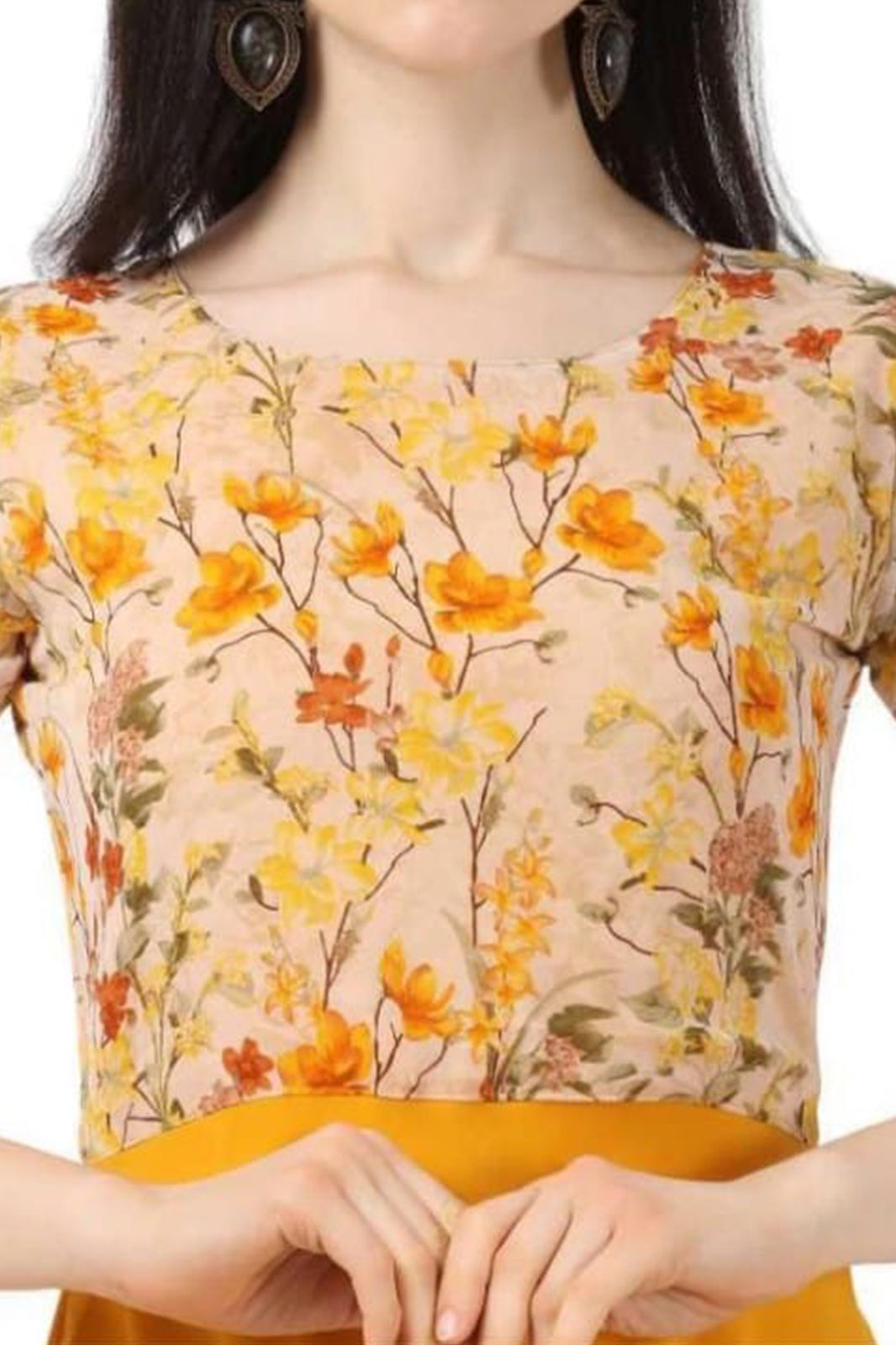 Yellow Georgette Floral printed long dress