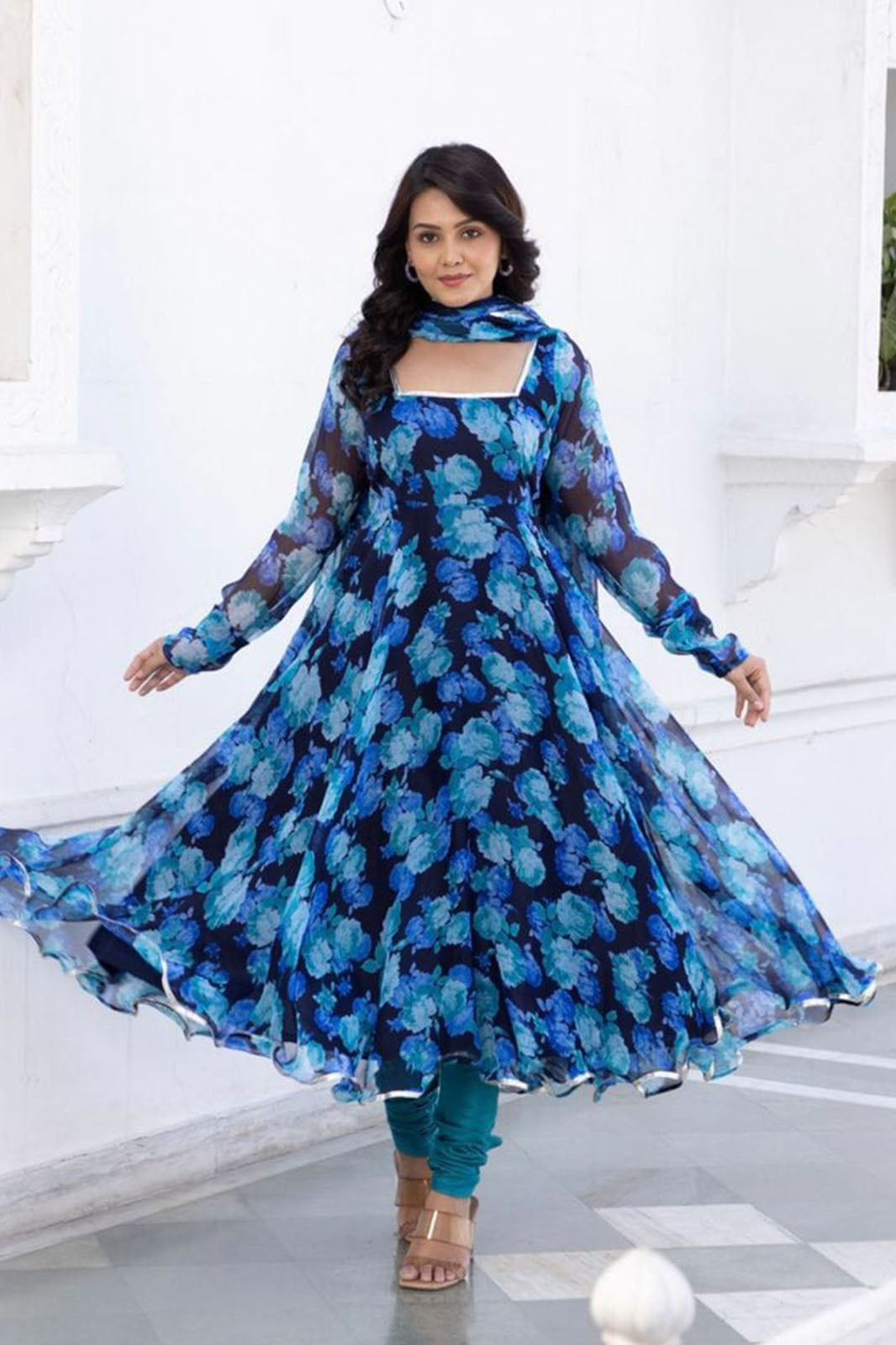 Aqua blue flower Floral printed kurta with dupatta