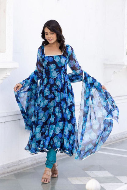 Aqua blue flower Floral printed kurta with dupatta