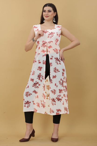 White Georgette Floral Printed Kurti