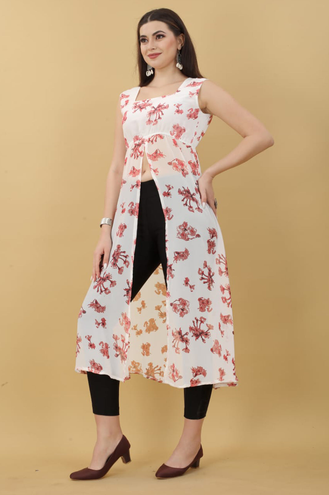 White Georgette Floral Printed Kurti