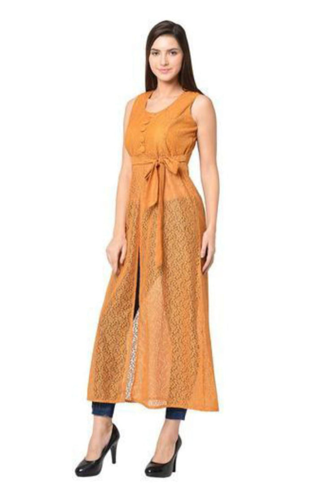 Methi Yellow Net Calf-length kurti