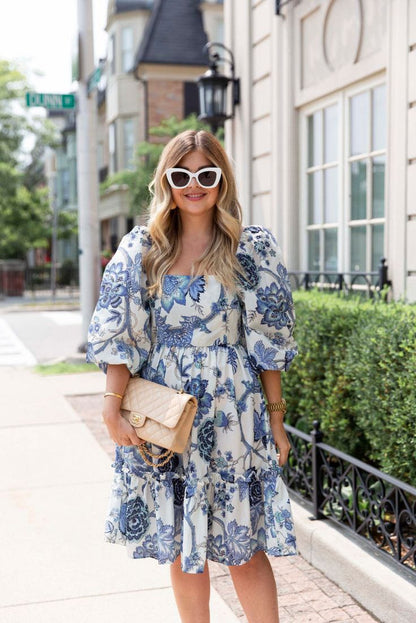 Blue Vintage Floral Puff Sleeve Dress