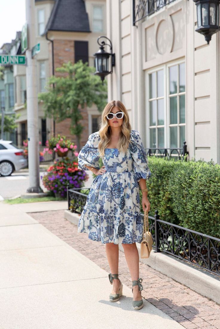 Blue Vintage Floral Puff Sleeve Dress