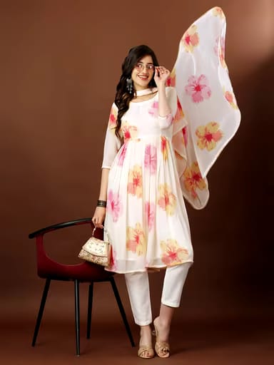 White Anarkali Gown Floral Printed