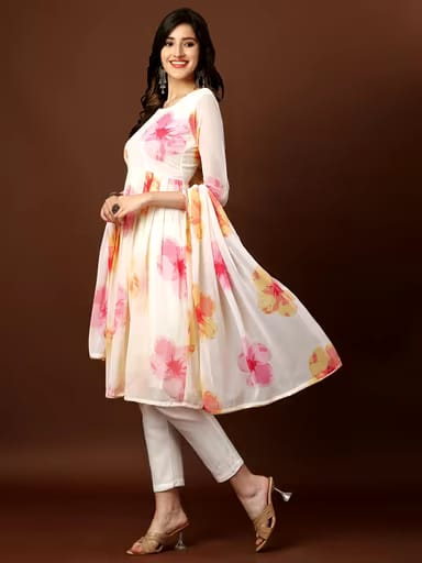 White Anarkali Gown Floral Printed