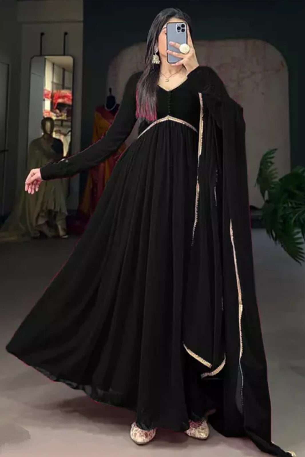 Women Black Georgette Anarkali set with Dupatta