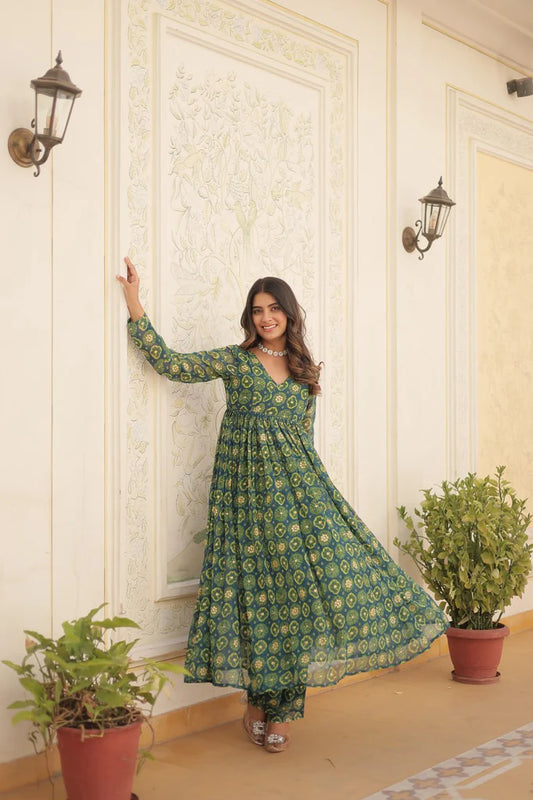 Readymade Green Foil Print Flared Kurta Set