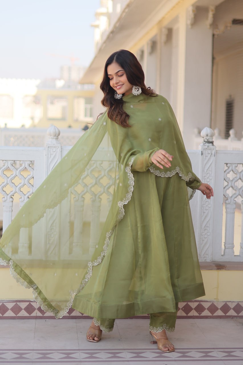 Green Readymade Russian Silk Kurti Pant Dupatta Set