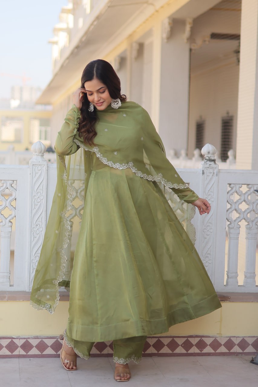 Green Readymade Russian Silk Kurti Pant Dupatta Set