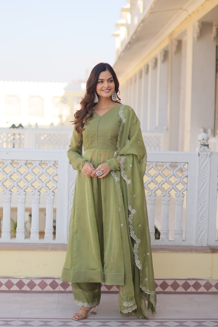 Green Readymade Russian Silk Kurti Pant Dupatta Set