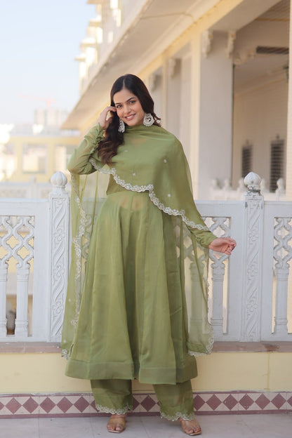 Green Readymade Russian Silk Kurti Pant Dupatta Set