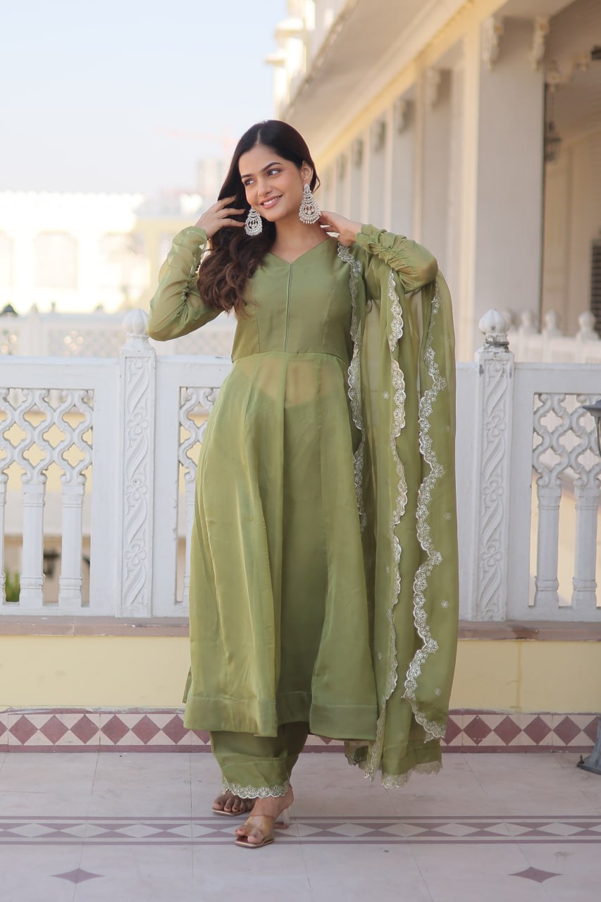 Green Readymade Russian Silk Kurti Pant Dupatta Set