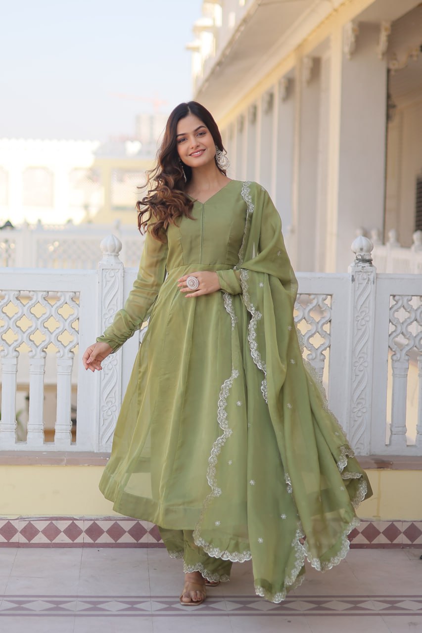 Green Readymade Russian Silk Kurti Pant Dupatta Set