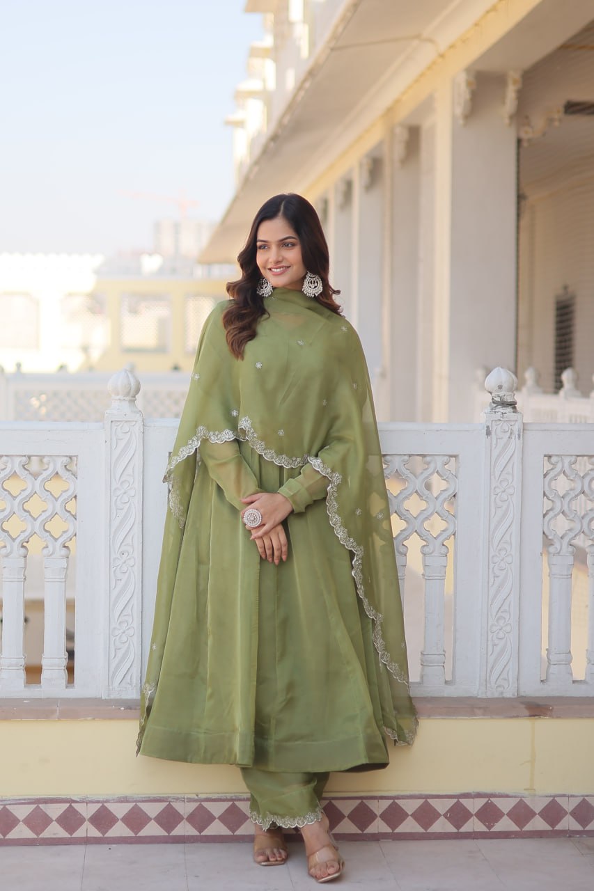 Green Readymade Russian Silk Kurti Pant Dupatta Set