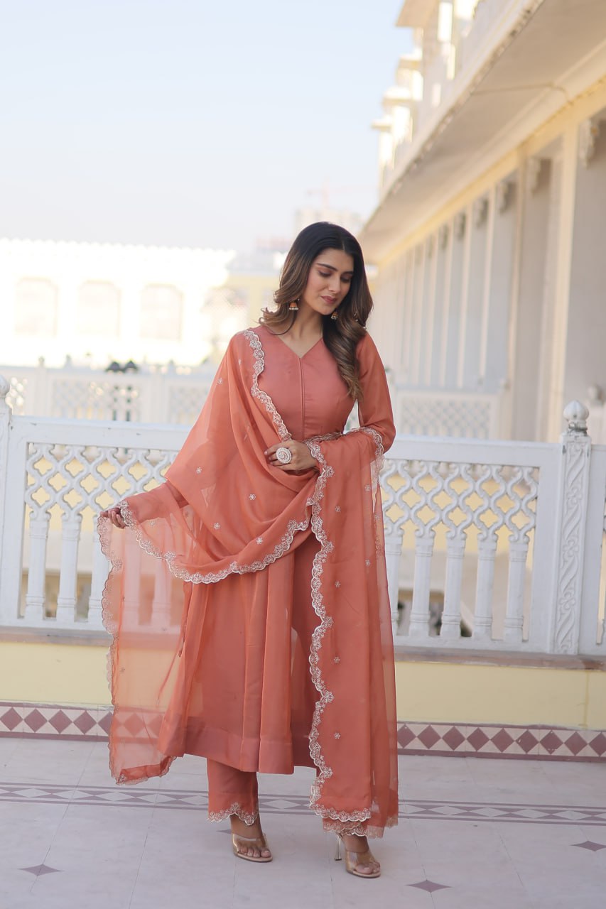 Peach Readymade Russian Silk Kurti Pant Dupatta Set