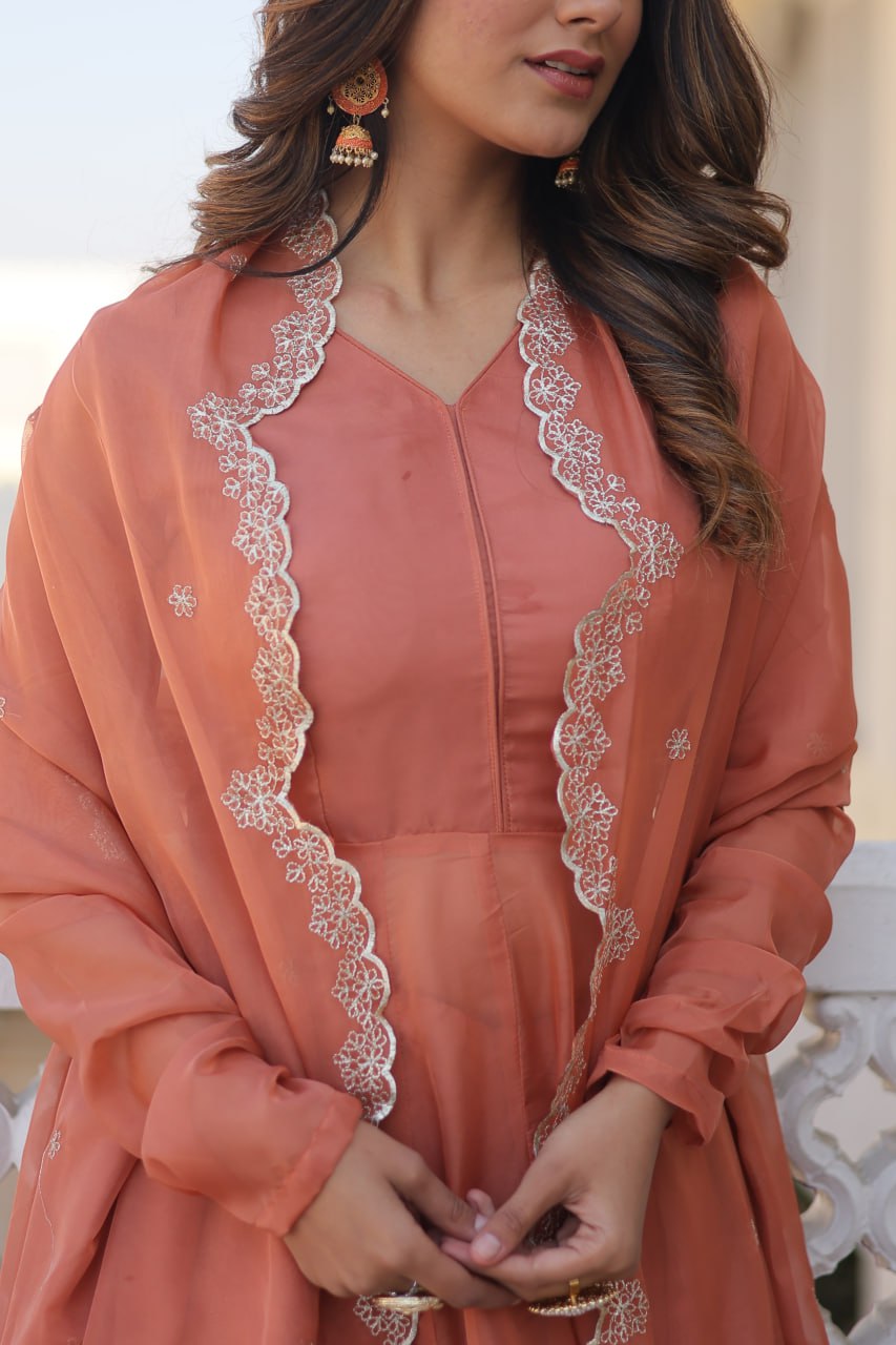 Peach Readymade Russian Silk Kurti Pant Dupatta Set