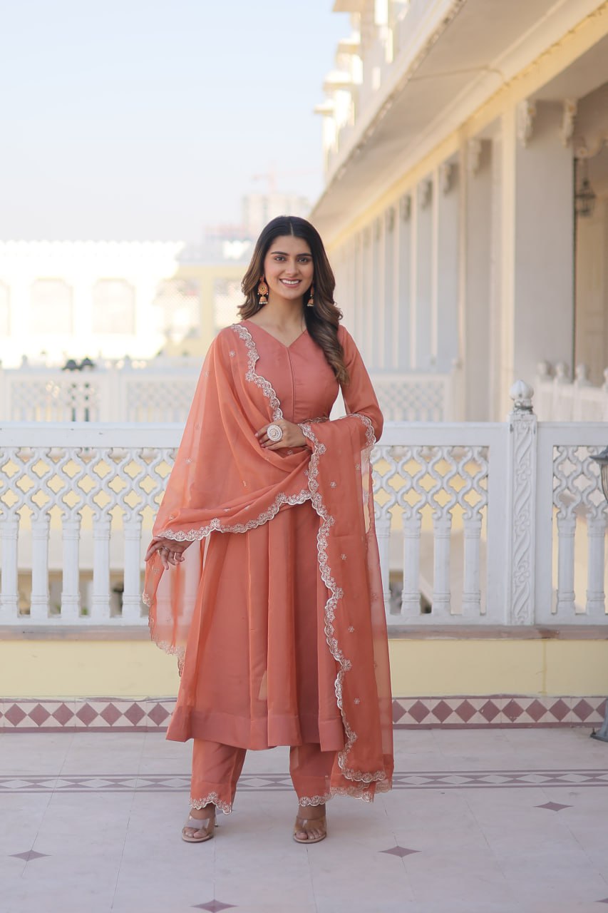 Peach Readymade Russian Silk Kurti Pant Dupatta Set