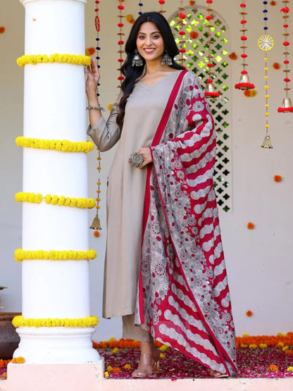 Cotton Plain Kurti Pant With Printed Dupatta