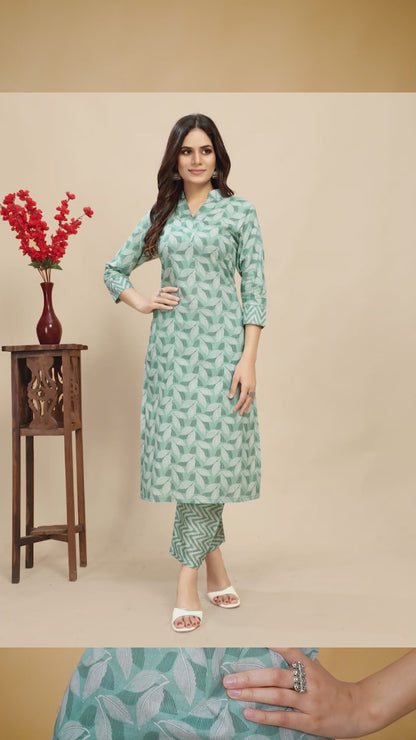 Light Blue pure Cotton leaf Printed Kurta trouser set