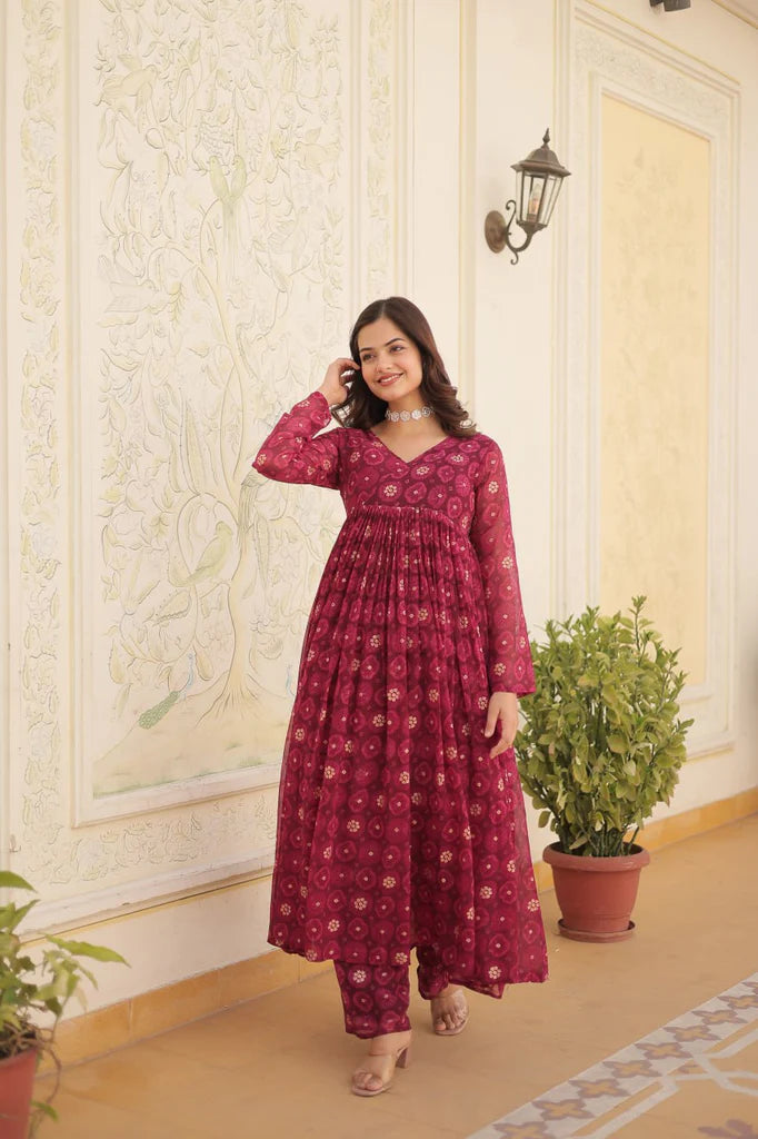 Readymade Rani Foil Print Flared Kurta Set