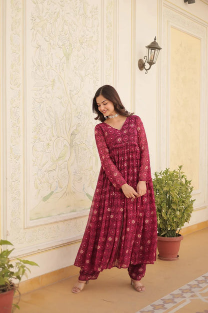 Readymade Rani Foil Print Flared Kurta Set