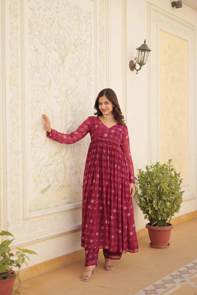 Readymade Rani Foil Print Flared Kurta Set