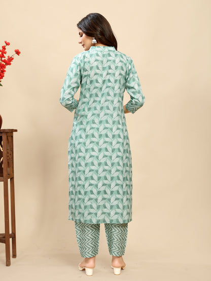 Light Blue pure Cotton leaf Printed Kurta trouser set